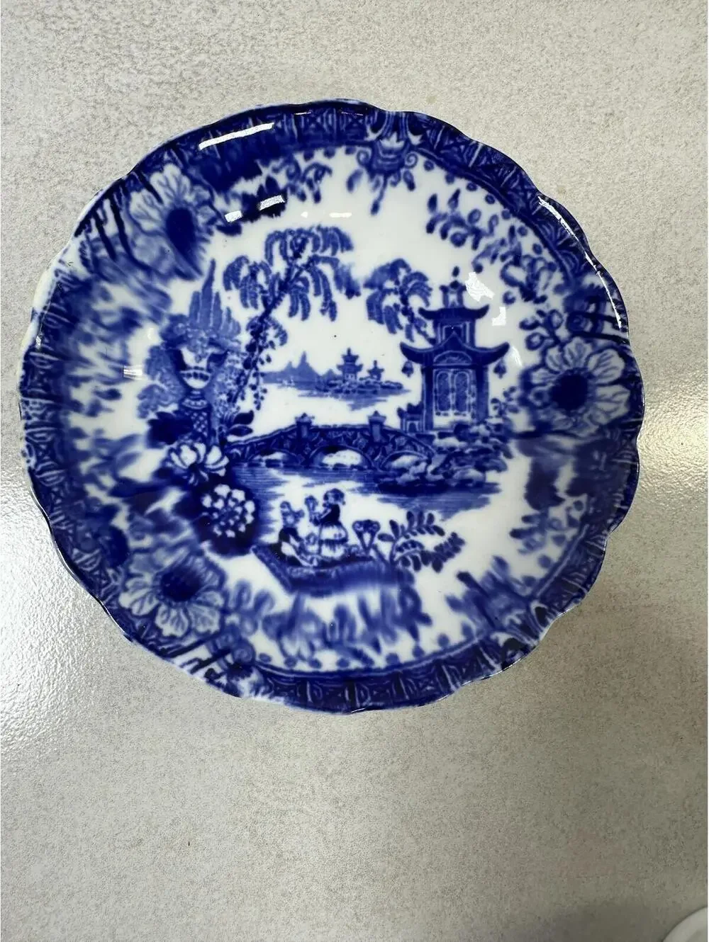 VTG Blue Willow Flow Blue Peacock Teacup & Saucer Gold Trim Set